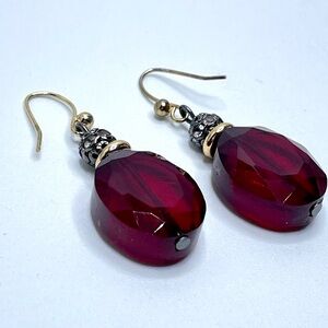 Statement Bold Red Crystal Glass Oval Beaded Dangle Earrings Hook Setting Gothic